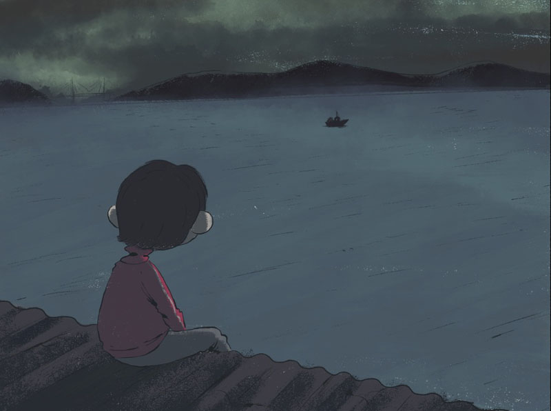 Alcine: un niño mira un barco desde el muelle.