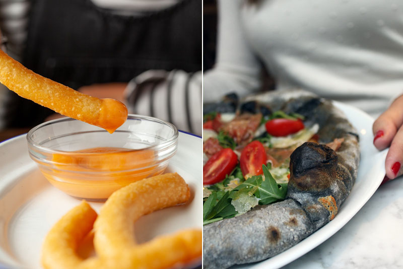 Churro parmesano y pizzas de carbón vegetal del Restaurante Isabella