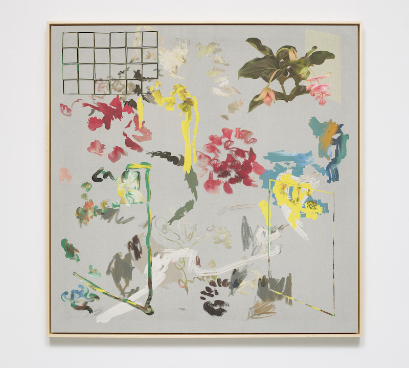 Petra Cortright, pintura casi abstracta con manchas que parecen flores y una cuadricula en la esquina superior derecha