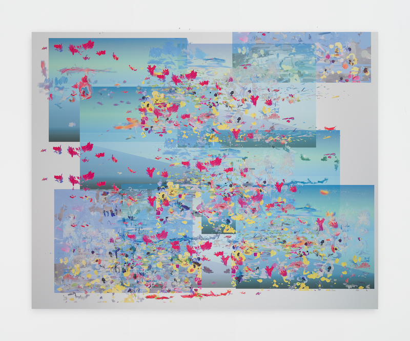 Petra Cortright, pintura casi abstracta con manchas que parecen flores con fondo azul