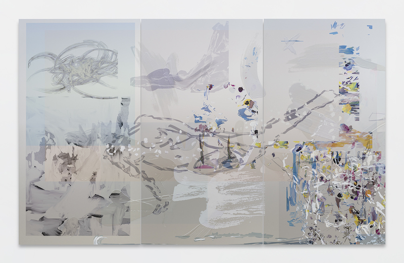 Petra Cortright, pintura en triptico casi abstracta con manchas