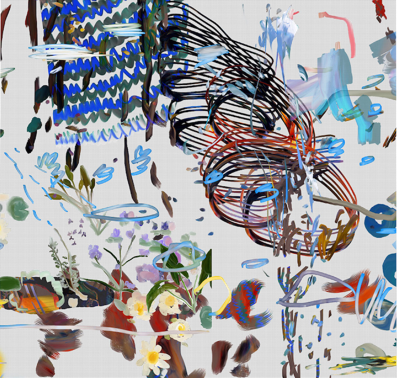 Petra Cortright, pintura casi abstracta con espirales y manchas que parecen flores