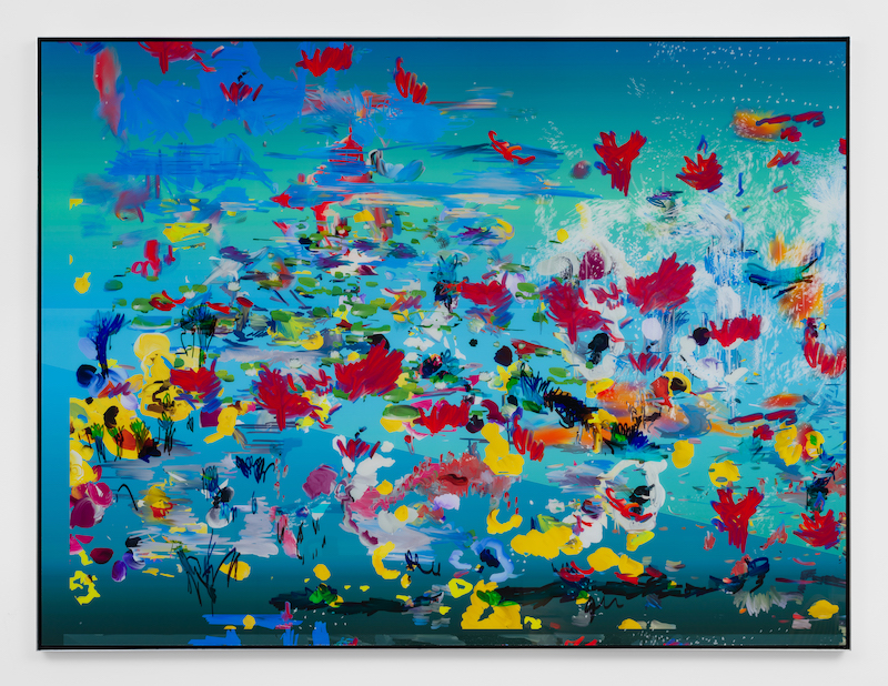 Petra Cortright, pintura casi abstracta con manchas que parecen flores con fondo azul
