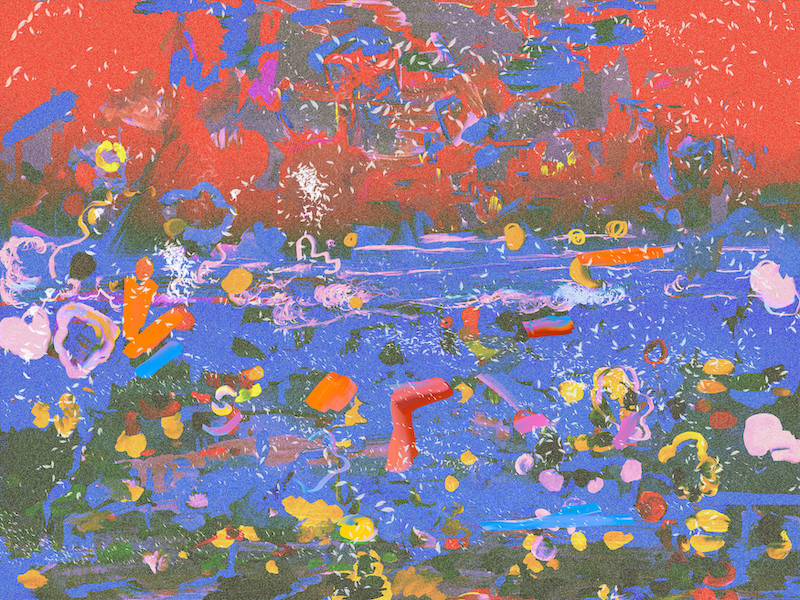 Petra Cortright, pintura casi abstracta con manchas con fondo azul y rojo