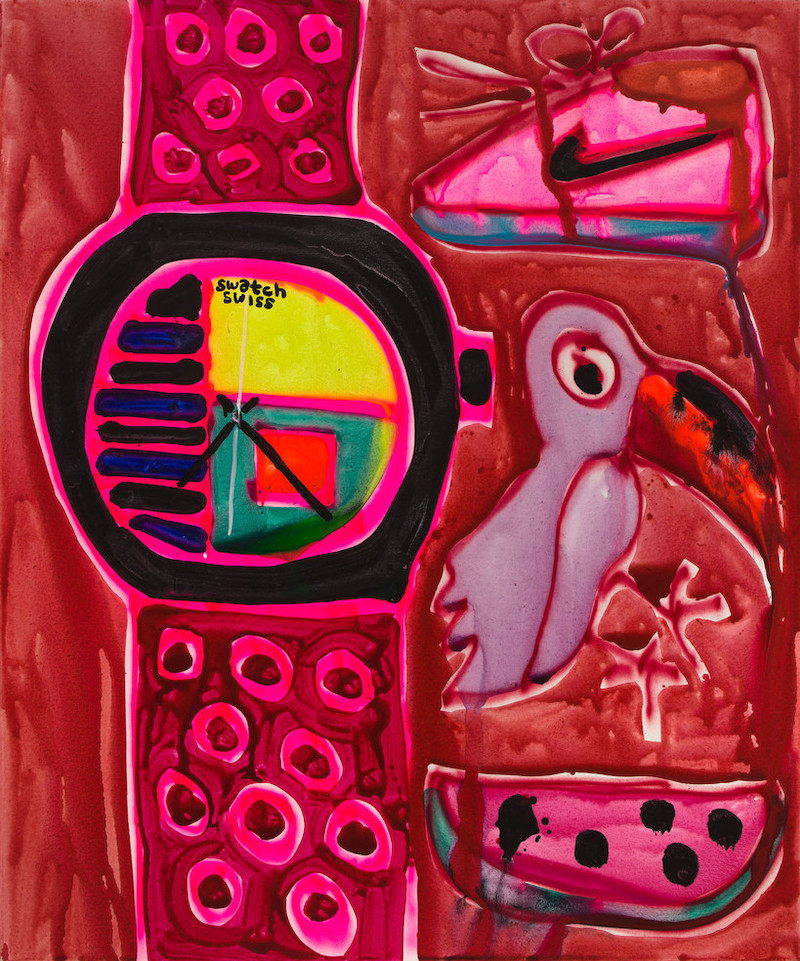Katherine Bernhard pintura pelicano rosa, zapatillas Nike, sandia y reloj Swatch Swiss