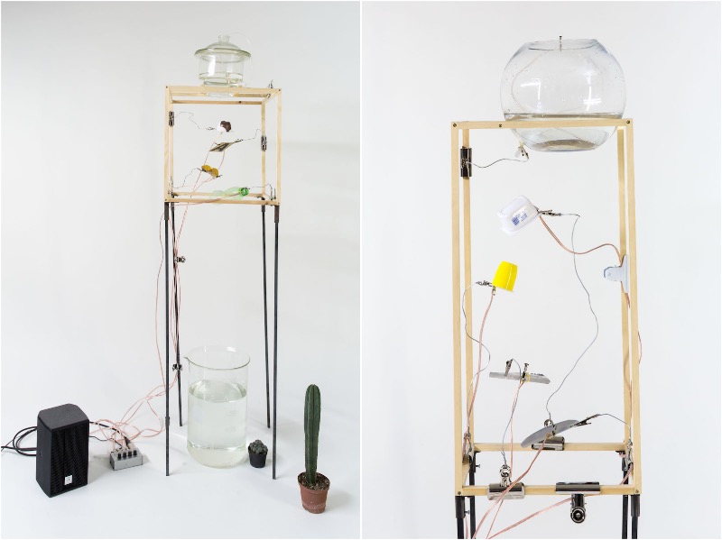 Albert Mayr instalación realizada con objetos que van pasando agua de un lado a otro por goteo
