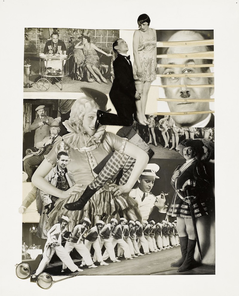John Heartfield. Fotomontaje para poster con un personajes tipo Hitler (con el mismo bigote), bailarinas y soldados. Los felices años 20.