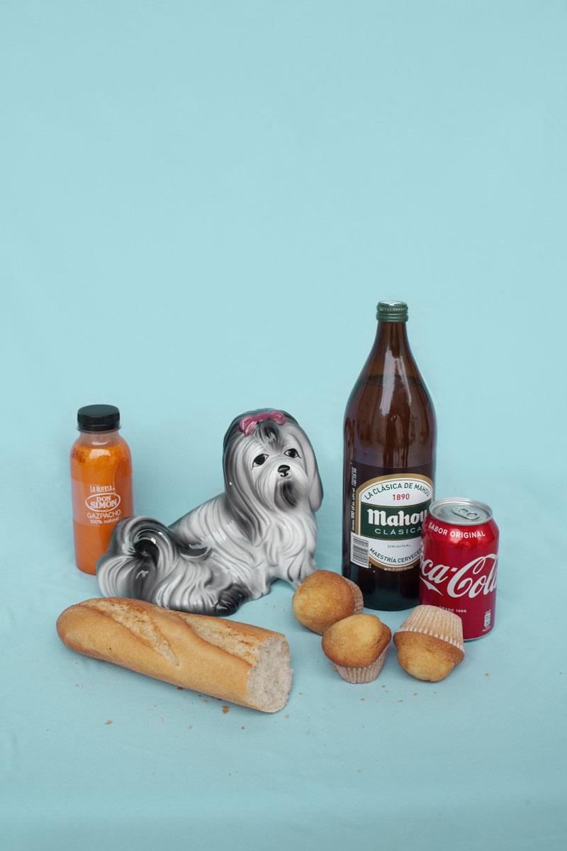 Oda a la lista de la compra por Jara van Herpt: una foto con un perro de porcelana y comida