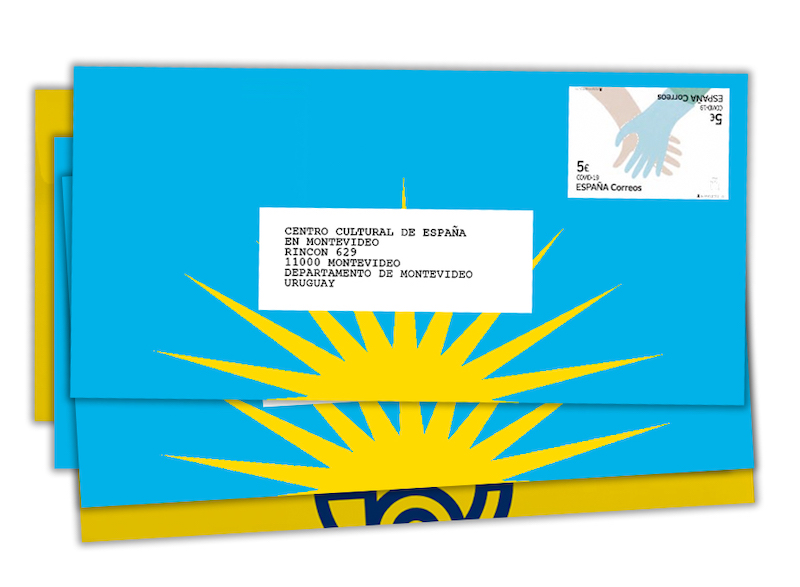 La Gran Conspiración_sobre con los logos e imagen de correos de Paraguay y dirección de Montevideo