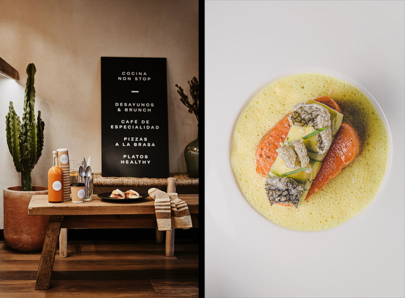 Los mejores menús del día de Madrid 2021: interior de restaurante rollo rústico contemporáneo y primer plato de un pescado