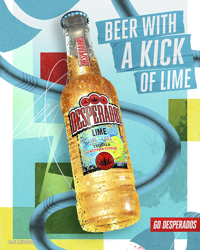 Kate Moross - ilustración de poster con botella de cerveza desperados