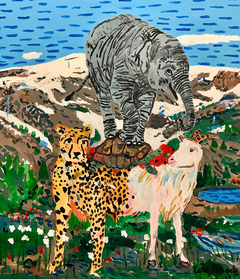 JustMad - pintura naif de una cabra un tigre y un elefante