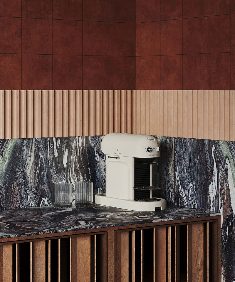 Interiorismo estilo Memphis Puntofilipino: diferentes texturas y materiales de la pared