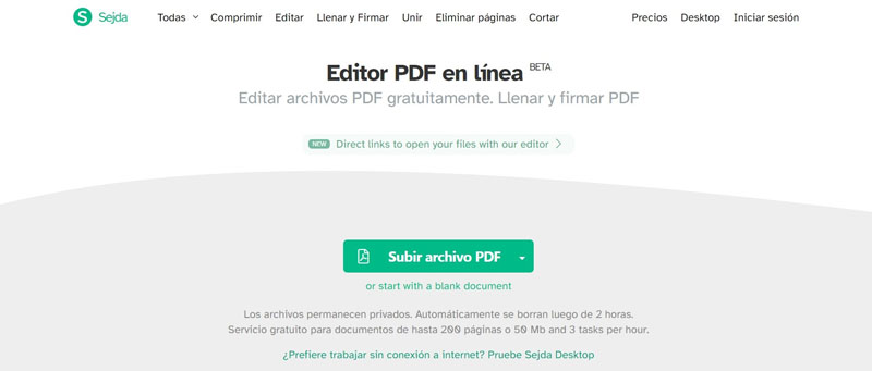 Mejores editores de PDFS online: pantalla de inicio de la web Sejda