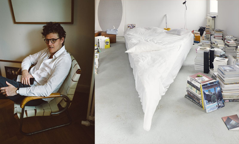 Retrato de Sam Chermayeff y su conocido trabajo la cama triangular