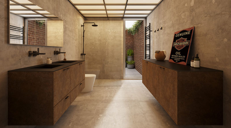 Pino marca de mobiliario: un cuarto de baño muy masculino en tonos marrones
