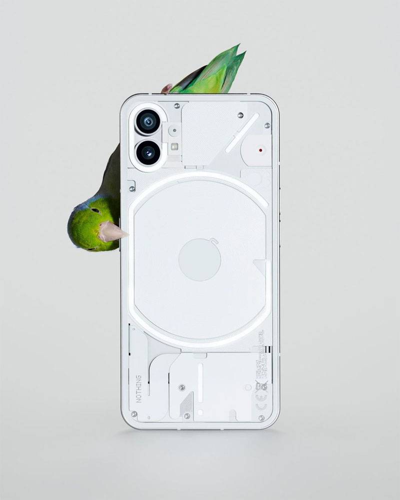 nothing phone1: parte trasera de un móvil con pájaro mirando