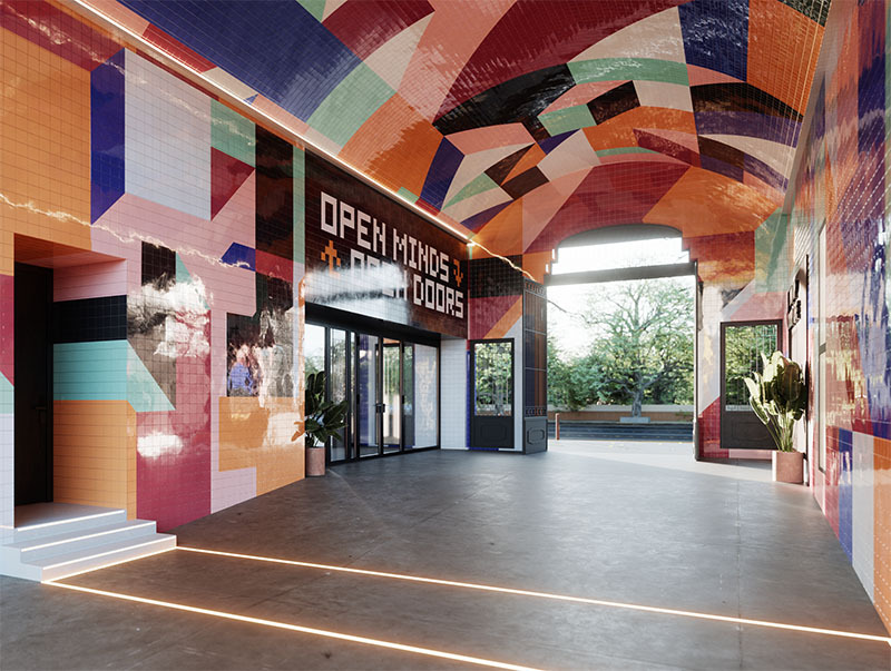 the social hub madrid: imagen de la entrada de un establecimiento con el techo muy llamativo