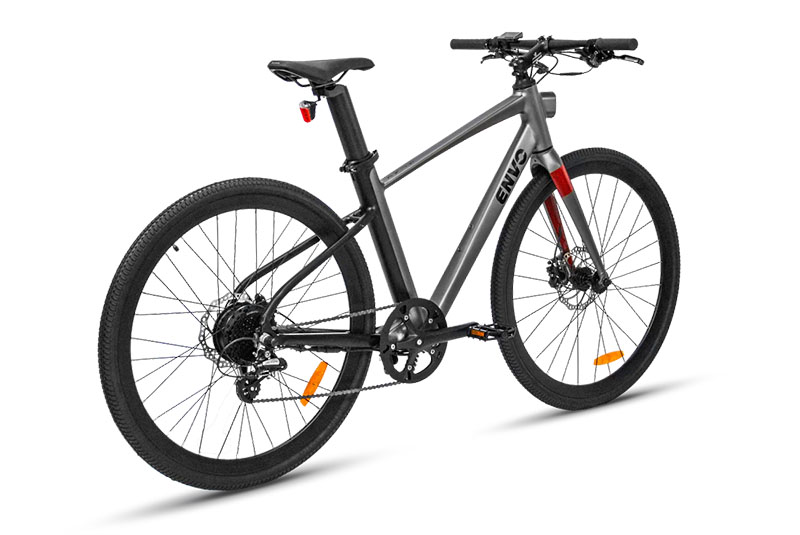 Envo Stax bicicleta eléctrica: vista lateral en color gris con la batería incorporada en el cuadro