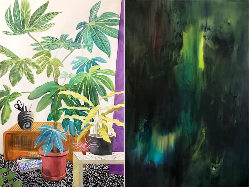 Art Athina dos pinturas: izq plantas y macetas y derecha pintura verde abstracta