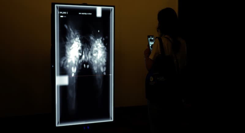 Inteligencia Artificial en el CCCBInteligencia Artificial en el CCCB, una espectadora mirando una rayografia