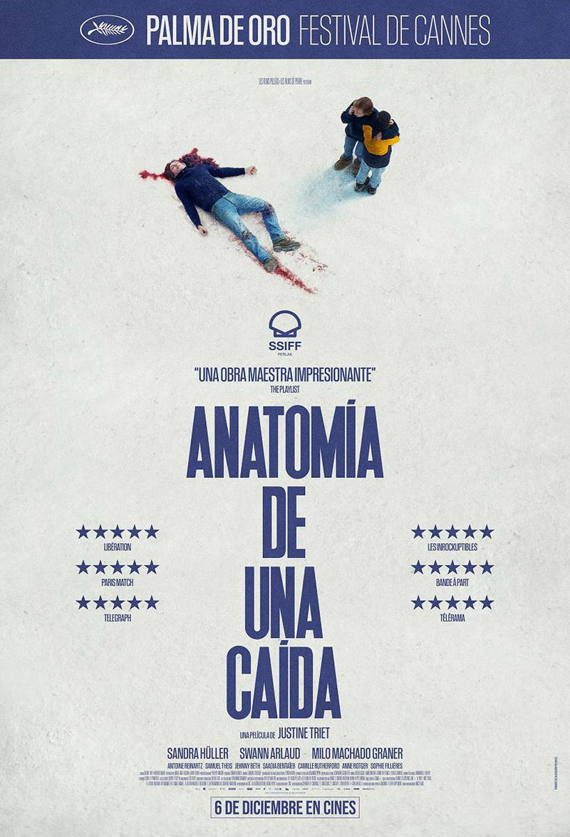 anatomia de una caida - cartel de la película, un muerto sobre la nieve
