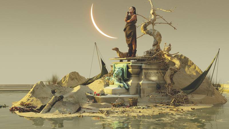 Biennale Némo: un figura de una mujer en una isla de piedra bajo la luna