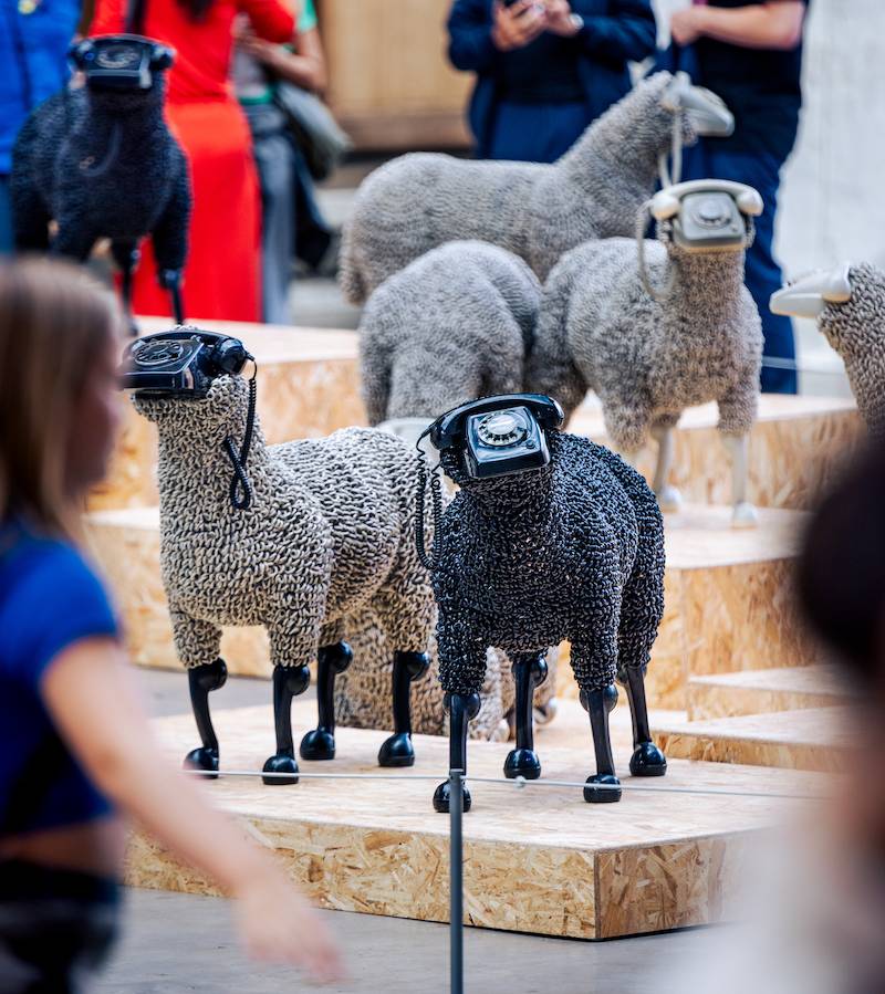 Biennale Némo: ovejas de color gris con teléfonos antiguos como cabezas