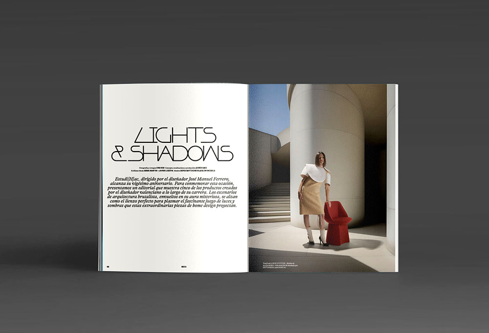 Lights and Shadows editorial EstudiHac: doble página del Neo2 papel con la apertura al reportaje