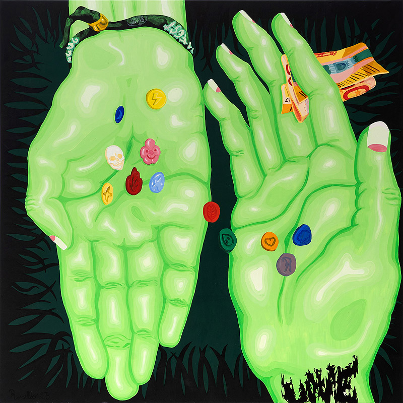 Francesc Rossello - Afterparty - pintura al oleo muy coloriada con manos de color verde con pastillas