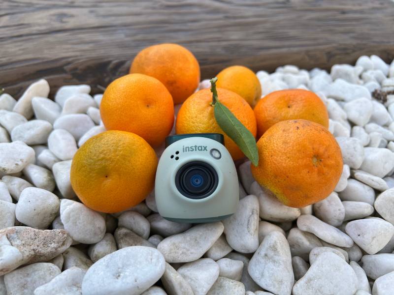 Instax Pal: la nueva cámara Instax rodeada de mandarinas.