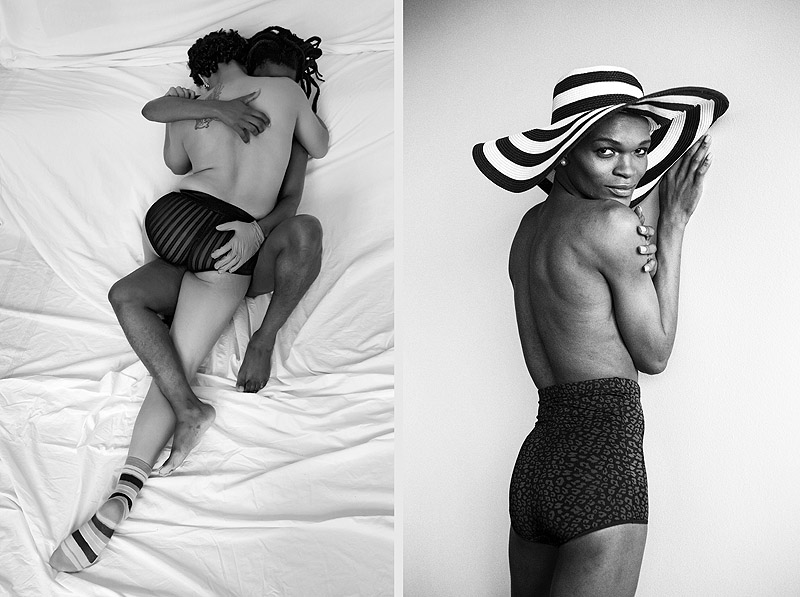 Zanele Muholi. Eye Me. Imagen de una mujer negra con sombrero de rayas negras y blancas mirando a la cámara y otra imagen de dos personas, una blanca y otra negra, abrazadas en la cama.