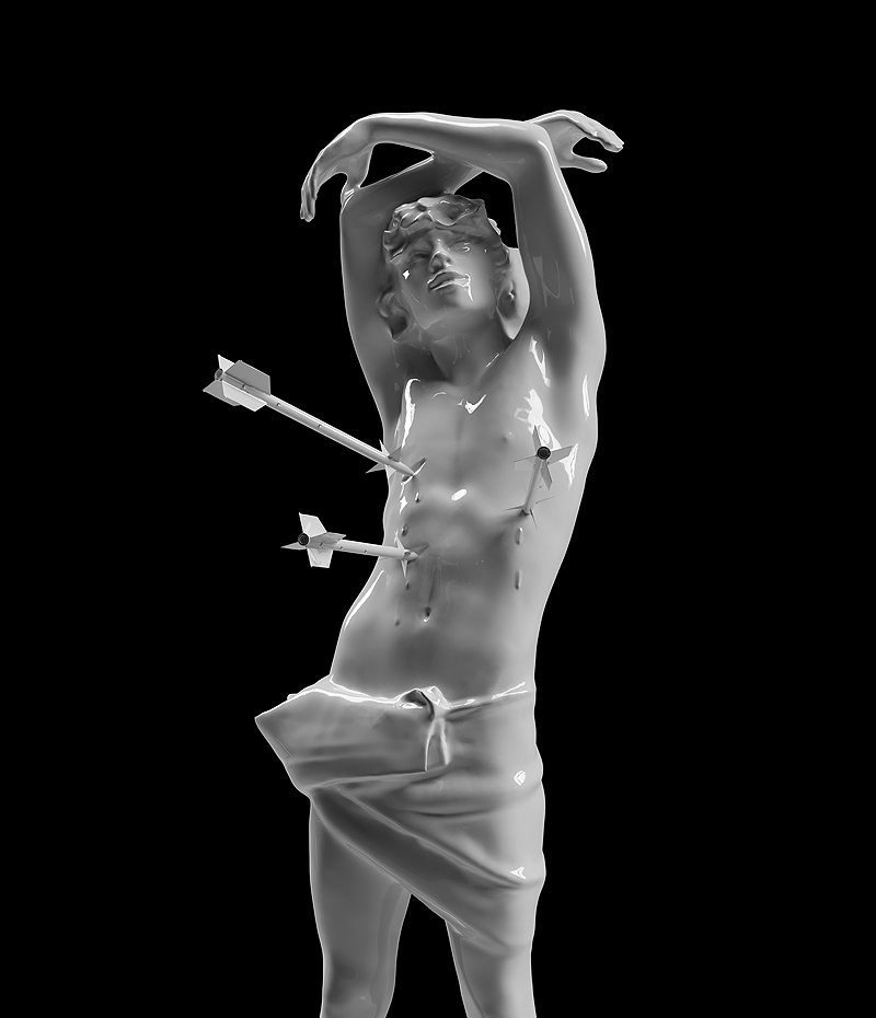 Julia Beliaeva - escultura de porcelana de San sebastian , en vez de flecas tiene misiles en el pecho