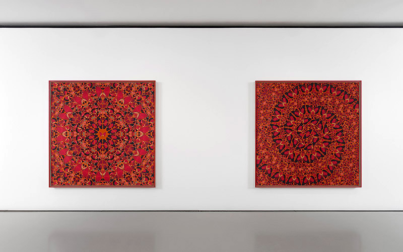 Damien Hirst. Imagen de la exposición con cuadros rojos.