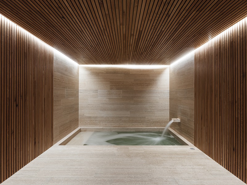 Mano Arquitectura - Pleta Arriu: sala interior con piscina agua