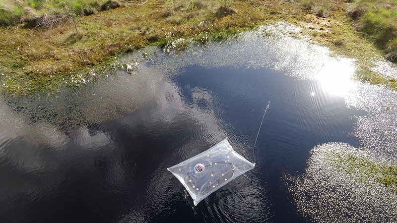 Exposición Wet Dreams en Mayrit: un bolsa de plástico hinchada flotando en un lago