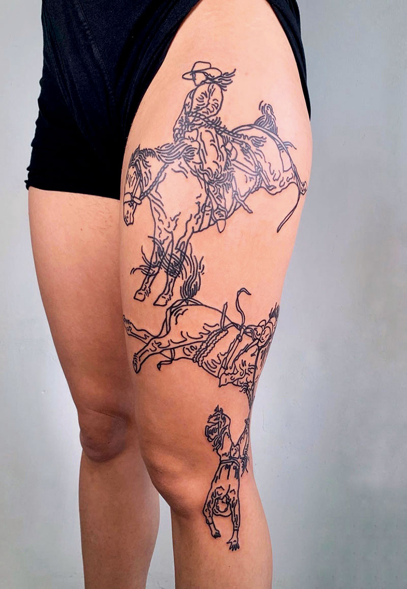 Tatuaje: Una Nueva Generación de Artistas: una pierna de una mujer con un cowboy tatuado