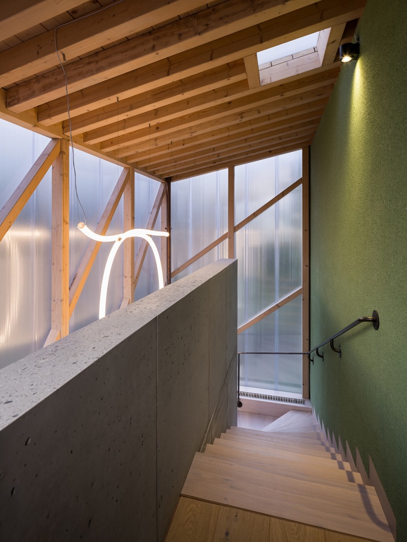 Aoc Architekti-The Green House: escalera pintada verde con claraboya
