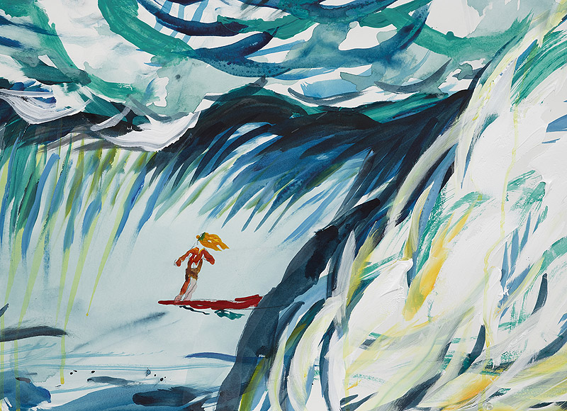 Day for Night: New American Realism - pintura olas y personaje haciendo surf
