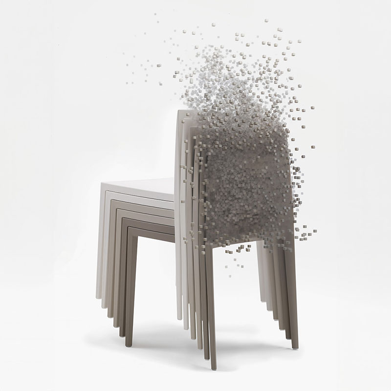 Circular Design Challenge Andreu World y concurso 2024: unas sillas se descomponen en pixeles
