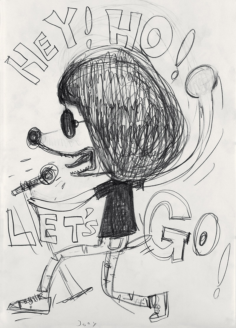 Yoshitomo Nara. Ilustración en boli de animal cantando.