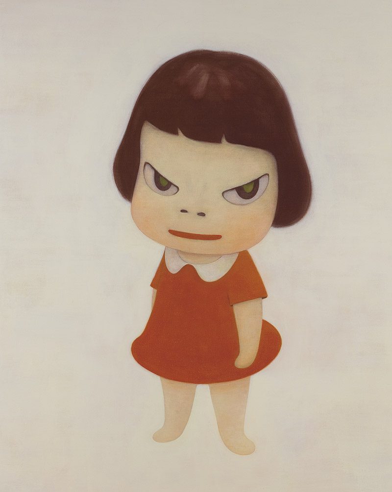 Yoshitomo Nara. Ilustración niña con vestido rojo.