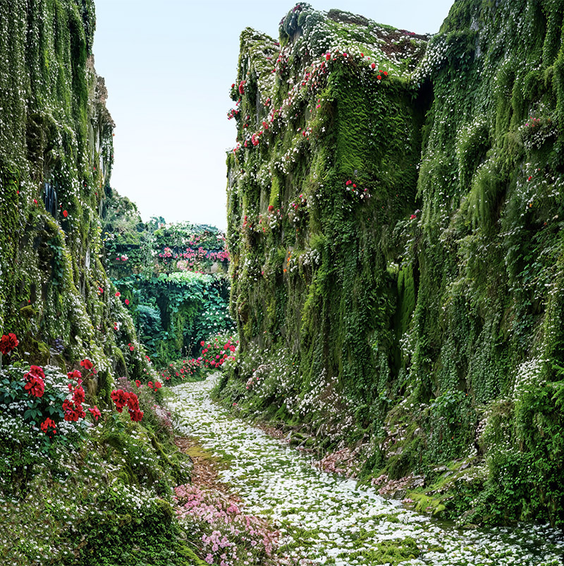 Exposición Sweets and Paradise del fotógrafo Ralf Peters - imagen creada con inteligencia artificial se ve un edificio de la antigüedad forrado de plantas y flores