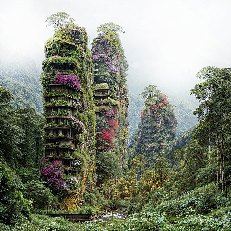 Exposición Sweets and Paradise del fotógrafo Ralf Peters - imagen creada con inteligencia artificial se ve un edificio de la antigüedad forrado de plantas y flores