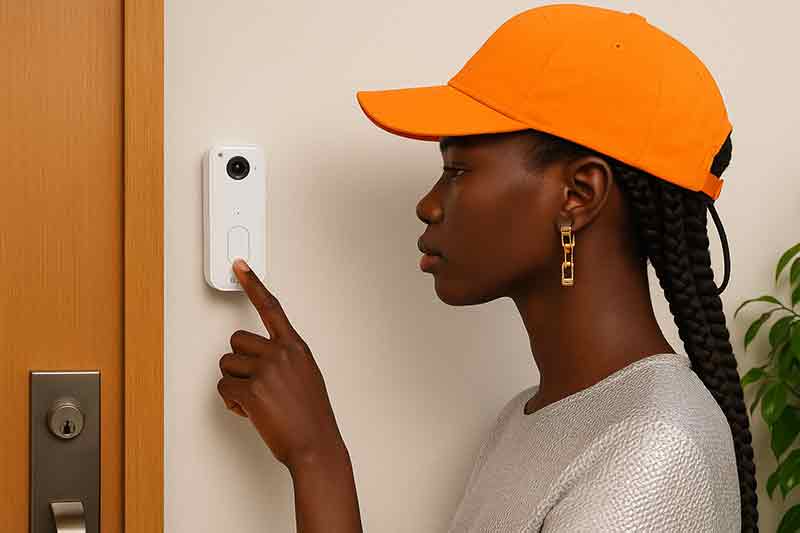 Blink Video Doorbell: una mujer de piel oscura con el cabello recogido en trenzas y una gorra naranja llama al timbre de Blink Video Doorbell.