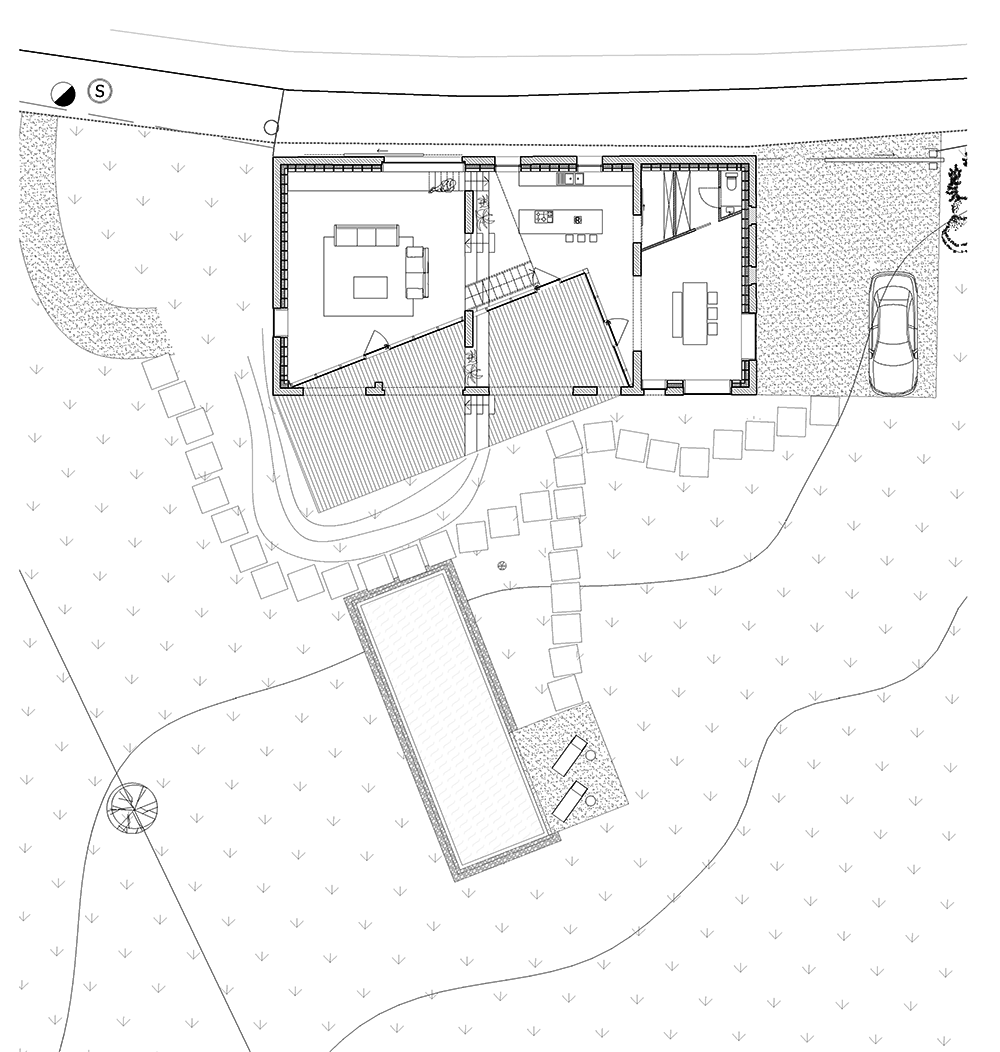 Planta del proyecto Casa Lyco, diseñada por Oyo Architects, con la distribución del volumen principal y los accesos al jardín