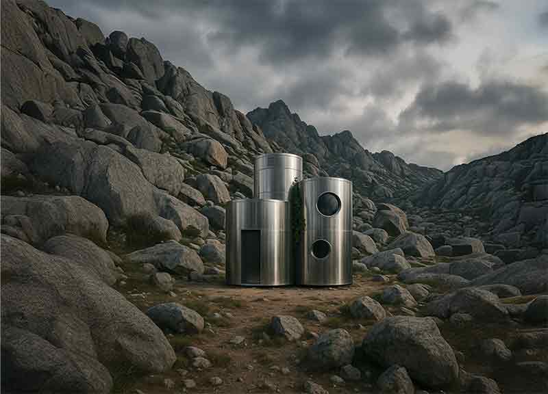 Selección de mobiliario acero inoxidable: una cabaña fabricada con cilindros metálicos