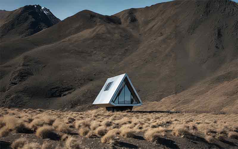 Selección de mobiliario acero inoxidable: una cabaña toda en metal. Una imagen muy brutalista