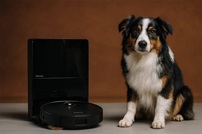 Roborock: un salón con un robot de limpieza Roborock en color negro junto a su base y al lado de un perro pequeño sentado