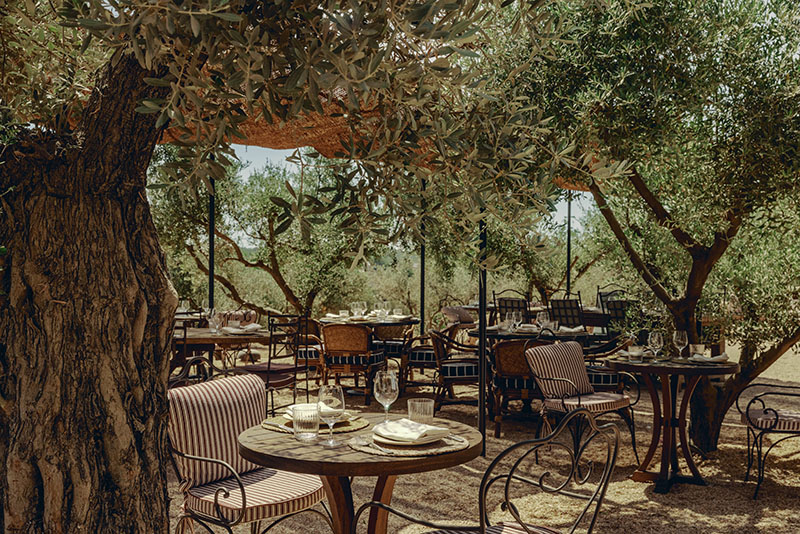 Soho Farmhouse Ibiza: comedor exterior bajo árboles con mesas y sillas de hierro forjado